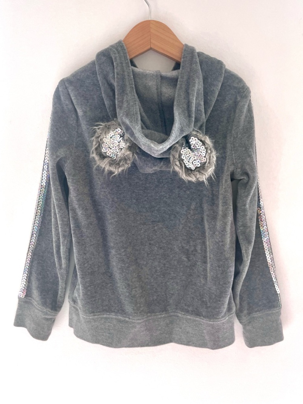 Sequin 3D Bear Ears Hoodie! Sequins on Ears, Pockets & Sleeves, Soft Gray Velour - Picture 3 of 14